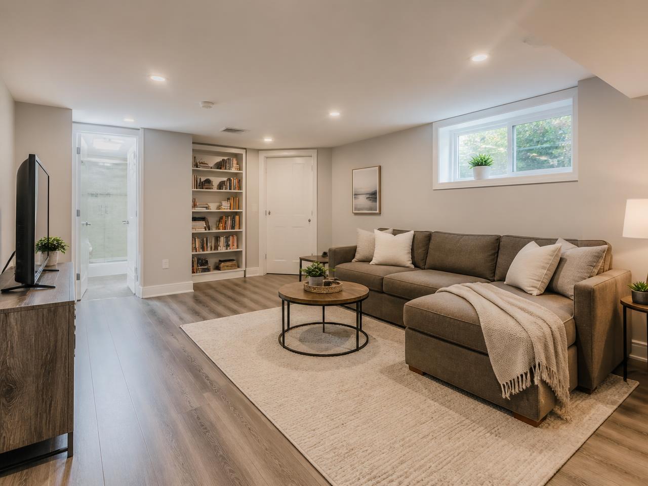 Clean, well-lit finished basement living room kept dry with proper moisture control