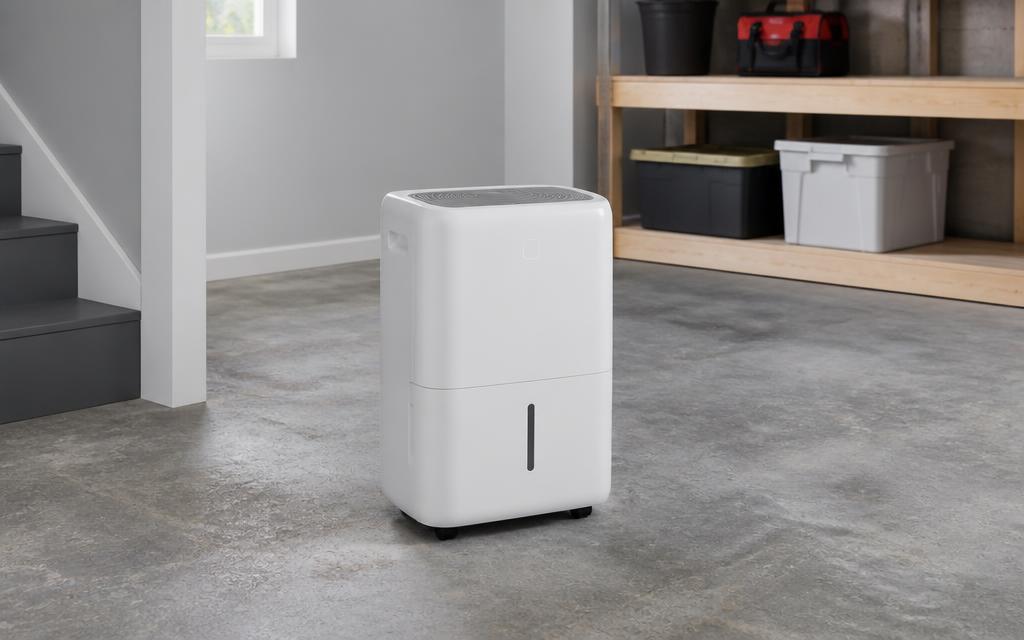 Modern portable dehumidifier in a clean, dry basement room