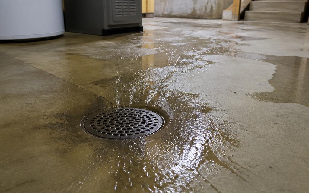 Water tracking across a basement concrete floor toward a floor drain